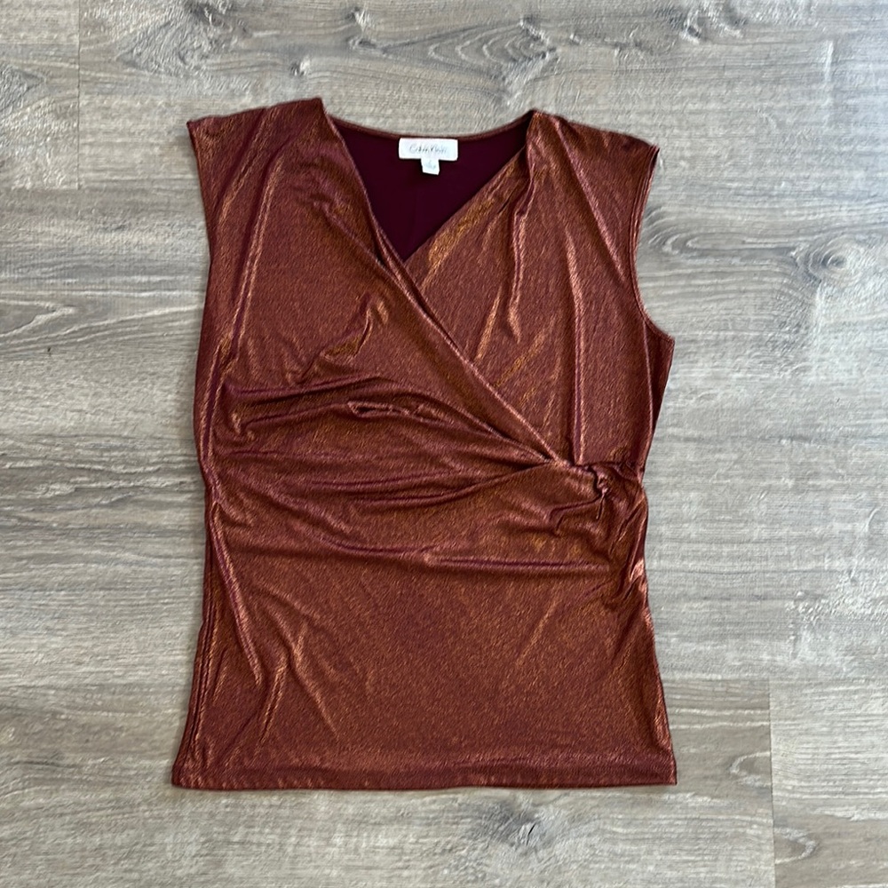 Calvin Klein Brown Sleeveless Asymmetrical Wrap Blouse